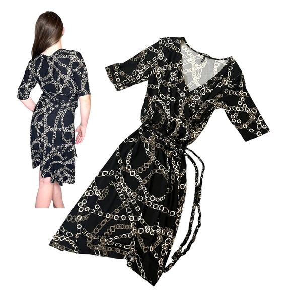 Daisy Fuentes Womens Small Chain DRESS Black Taupe White Belt V Neck Mob Wife - Picture 10 of 10